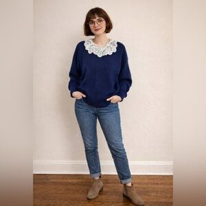 Vintage Artichoke Lace Collar Sweater – Size Large – Cottagecore Navy Blue